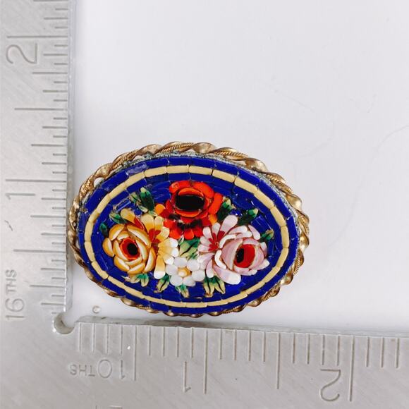 Vintage Italian Art Deco Micro Mosaic Brooch Floral Brass Oval C Clasp Pin 1930s - Picture 7 of 9